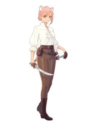 Rule 34 | 1girl, absurdres, ahoge, animal ear fluff, animal ears, arknights, ascot, belt, blush, boots, breasts, brown gloves, chinese commentary, closed mouth, commentary, cutlass, english commentary, frilled shirt, frills, full body, gloves, gravel (arknights), hair bun, half gloves, highres, holding, holding weapon, multiple swords, multiple weapons, pants, pink eyes, pink hair, pink tail, pouch, rongyuanfeida, sheath, sheathed, shirt, simple background, single hair bun, small breasts, solo, weapon, white background