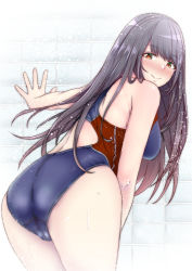 Rule 34 | 1girl, aga marino, alternate costume, ass, ass focus, bad id, bad twitter id, black hair, blush, breasts, closed mouth, competition swimsuit, fusou (kancolle), hair between eyes, hair ornament, kantai collection, large breasts, long hair, looking at viewer, one-piece swimsuit, red eyes, smile, solo, swimsuit