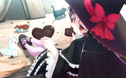 Rule 34 | 1girl, animal, black hair, bow, brown hair, candy, cat, chocolat (lord of walkure), chocolate, chocolate heart, eating, food, frilled sleeves, frills, gothic lolita, hat, hat bow, heart, lolita fashion, lord of walkure, makeup, outdoors, pantyhose, pink pantyhose, pov, red bow, red eyes, ribbon, short sleeves, sitting, solo, solo focus, too many, too many cats, whiskers, witch hat