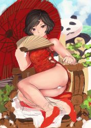 Rule 34 | 1boy, ass, black hair, chair, china dress, chinese clothes, clenched hand, day, dragon print, drawfag, dress, folding fan, hair ornament, hairclip, hand fan, male focus, oil-paper umbrella, outdoors, panda, red dress, red footwear, sitting, sketch, solo, steins;gate, umbrella, unfinished, urushibara ruka