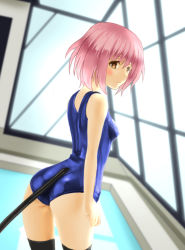 Rule 34 | 1girl, ass, blush, brown eyes, from behind, looking back, momo velia deviluke, one-piece swimsuit, pink hair, pool, rei no pool, school swimsuit, short hair, solo, swimsuit, tail, taka (takahirokun), thighhighs, to love-ru