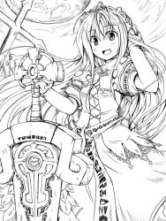 Rule 34 | 1girl, :d, arm up, armor, armored dress, blush, braid, clothes writing, cowboy shot, cross, dress, greyscale, hand in own hair, holding, holding sword, holding weapon, lineart, long hair, looking at viewer, monochrome, moon, nekonote (nekono paraiso), open mouth, puffy short sleeves, puffy sleeves, sheath, sheathed, short sleeves, side braid, smile, standing, straight hair, sword, tiara, very long hair, weapon, yggdra union, yggdra yuril artwaltz