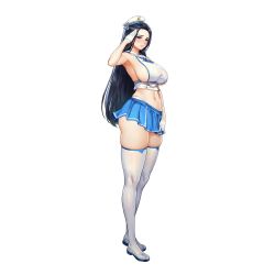 Rule 34 | 1girl, black hair, blue eyes, blush, breasts, clothes pull, crop top, full body, game cg, gloves, hat, highres, invincible dragon (last origin), kakiman, large breasts, last origin, long hair, looking at viewer, microskirt, nervous, official alternate costume, official art, purple hair, revealing clothes, sailor collar, sailor hat, sailor shirt, salute, see-shirt, shirt, simple background, skindentation, skirt, skirt pull, solo, sweatdrop, tachi-e, thighhighs, thighs, thong, transparent background, undersized clothes, white gloves, white thighhighs, wide hips, zettai ryouiki