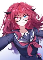 Rule 34 | 1girl, blush, dizzychessur, fang, glasses, heterochromia, highres, hololive, hololive english, irys (gaming casual) (hololive), irys (hololive), red hair, school uniform, smile, virtual youtuber