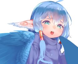 Rule 34 | 1girl, ahoge, blue eyes, blue hair, feathered wings, feathers, female focus, harpy, highres, kawasumi (tk2k jade), monster girl, open mouth, original, sidelocks, simple background, solo, white background, wings