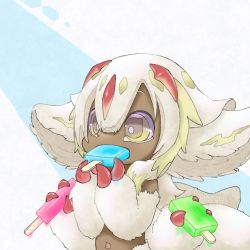 Rule 34 | 1girl, artist name, black skin, claws, colored skin, eating, extra arms, faputa, female focus, fewer digits, food, holding, holding food, made in abyss, monster girl, mregml, multicolored hair, multiple tails, navel, outie navel, popsicle, sidelocks, solo, tail, white fur, white hair