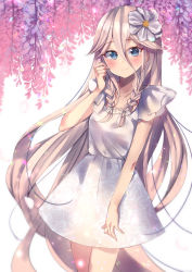 Rule 34 | 1girl, blue eyes, blush, braid, branch, breasts, collarbone, commentary, dress, finger to cheek, floral dress, floral print, flower, hair between eyes, hair flower, hair ornament, hand up, highres, ia (vocaloid), leaf, long hair, looking at viewer, narami, petals, pink hair, small breasts, solo, symbol-only commentary, twin braids, upper body, very long hair, vocaloid, white dress
