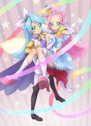 Rule 34 | 10s, 1boy, 1girl, ascot, bishounen, black footwear, blue dress, blue eyes, blue hair, boots, brother and sister, cape, carrying, chocokin, cure parfait, dress, earrings, elbow gloves, epaulettes, food-themed hair ornament, full body, gloves, hair ornament, highres, jewelry, julio (precure), kirahoshi ciel, kirakira precure a la mode, knee boots, long hair, looking at viewer, magical boy, magical girl, pants, pink hair, precure, princess carry, purple background, purple cape, rainbow, ribbon, siblings, smile, spoilers, striped, striped background, white footwear, white gloves, white pants, white wings, wings
