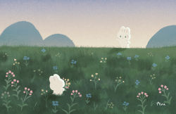 Rule 34 | ayu (mog), rabbit, closed mouth, field, flower, grass, no humans, original, scenery, signature, smile, standing