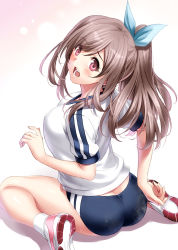 Rule 34 | 1girl, ass, blue bow, blush, bow, breasts, brown hair, buruma, commentary request, gym uniform, hair bow, highres, idolmaster, idolmaster shiny colors, large breasts, long hair, looking at viewer, looking back, open mouth, ponytail, shoes, sneakers, solo, tsukioka kogane, white background, zen