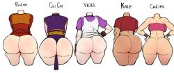 Rule 34 | 5girls, age difference, ass, ass focus, blackwhiplash, bulma, caulifla, chi-chi (dragon ball), dark-skinned female, dark skin, dragon ball, dragon ball super, dragonball z, female pervert, from behind, head out of frame, kale (dragon ball), mature female, multiple boys, multiple girls, nude, pervert, presenting, sexually suggestive, videl