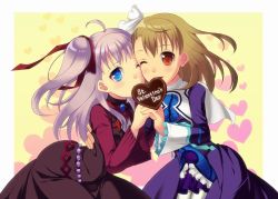 Rule 34 | 2girls, :o, ahoge, belt, blue eyes, blush, bow, brown eyes, brown hair, candy, cheek-to-cheek, chocolate, chocolate heart, choker, coat, dress, english text, enoo, food, hair ornament, hair ribbon, holding hands, heads together, heart, interlocked fingers, jewelry, long hair, mouth hold, multiple girls, oekaki, one eye closed, one side up, open mouth, ponytail, raquel applegate, ribbon, shared food, short hair, smile, valentine, wild arms, wild arms 4, yellow background, yulie ahtreide