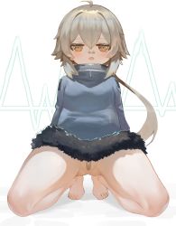 Rule 34 | 1girl, ahoge, bandaid, bandaid on face, bandaid on nose, bandaid on pussy, barefoot, blush, bottomless, brown eyes, brown hair, dokomon, full body, fur-trimmed jacket, fur trim, girls&#039; frontline, gluteal fold, grey jacket, hair between eyes, highres, hs2000 (girls&#039; frontline), jacket, long hair, looking at viewer, low ponytail, open mouth, ponytail, shadow, solo, thighs, very long hair, white background