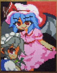 Rule 34 | 2girls, bat wings, black background, blue hair, braid, closed mouth, hat, hat ribbon, holding, holding clothes, holding skirt, izayoi sakuya, lego, lego (medium), looking at viewer, looking back, maid, maid headdress, mob cap, multicolored background, multiple girls, photo (medium), pink headwear, pink shirt, pink skirt, pixel art, red background, red eyes, red ribbon, remilia scarlet, ribbon, shirt, short sleeves, skirt, smile, touhou, two-tone background, unconventional media, wings, you rei (blowback)