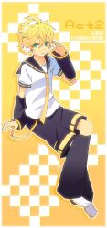 Rule 34 | 1boy, arm warmers, black collar, black shorts, blonde hair, character name, collar, commentary, crossed legs, d futagosaikyou, full body, green eyes, hand up, headphones, highres, kagamine len, leg warmers, looking to the side, male focus, necktie, sailor collar, school uniform, shirt, short sleeves, shorts, sitting, smile, solo, spiked hair, vocaloid, white shirt, yellow background, yellow necktie