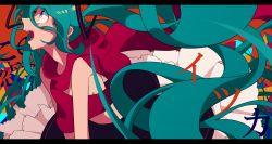 Rule 34 | 1girl, all fours, alternate costume, aqua eyes, aqua hair, bad id, bad pixiv id, floating hair, frilled skirt, frills, hatsune miku, letterboxed, long hair, looking away, open mouth, profile, red scarf, sameyama jiro, scarf, skirt, solo, topless, twintails, very long hair, vocaloid, wind