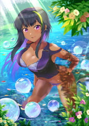 Rule 34 | 1girl, aqua nails, bare legs, beast, black hair, blush, bracer, breasts, dark-skinned female, dark skin, earrings, flower, green hair, hair move, hand on own hip, highres, jewelry, large breasts, looking at viewer, moe2021, nail polish, navel, one-piece swimsuit, open mouth, original, petals, petals on liquid, purple eyes, purple one-piece swimsuit, reats, rose petals, ru-ne, smile, standing, standing on liquid, sunlight, swimsuit, tan, thighhighs, tree, underwear, wading, water