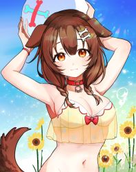 Rule 34 | 1girl, :3, animal ears, arms up, bad id, bad pixiv id, ball, bare shoulders, beachball, bikini, bikini top only, bone hair ornament, braid, breasts, brown eyes, brown hair, cleavage, closed mouth, collar, collarbone, commentary, day, dog ears, dog girl, dog tail, flower, hair ornament, highres, holding, holding ball, hololive, inugami korone, looking at viewer, low twintails, medium breasts, medium hair, navel, outdoors, red collar, saple, smile, solo, stomach, sunflower, sunlight, swimsuit, tail, twin braids, twintails, upper body, virtual youtuber, yellow bikini