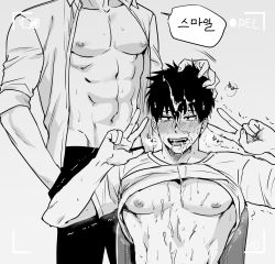 Rule 34 | 2boys, aftersex, ahegao, camera, cum, cum on body, double v, facial, greyscale, highres, looking at viewer, male focus, monochrome, multiple boys, muscular, naughty face, nipples, pectorals, presenting, recording, school uniform, smile, unbuttoned, v, yaoi