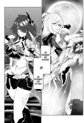 Rule 34 | 2girls, acheron (honkai: star rail), boots, breasts, coat, commentary, english commentary, english text, greyscale, hair over one eye, highres, holding, holding sword, holding weapon, honkai: star rail, honkai (series), jingliu (honkai: star rail), jujutsu kaisen, large breasts, leg tattoo, long hair, midriff, monochrome, moon, multiple girls, navel, open mouth, parody, peter eastwood, short shorts, shorts, smile, sword, tattoo, thigh boots, weapon