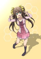 Rule 34 | 1girl, black socks, bow, brown hair, cardigan, collarbone, contrapposto, dress, floating hair, from above, full body, green eyes, hair between eyes, hair bow, huang lingyin, infinite stratos, kneehighs, kuroda ariake, long hair, long sleeves, looking at viewer, open cardigan, open clothes, pink cardigan, pink dress, pink ribbon, ribbon, shadow, short dress, single hair intake, socks, solo, standing, twintails, very long hair, yellow background, yellow bow