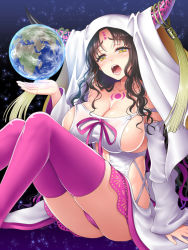 Rule 34 | 10s, 1girl, bare shoulders, black hair, blush, breasts, cleavage, collarbone, detached sleeves, earth (planet), facial mark, fate/extra, fate/extra ccc, fate (series), forehead mark, horns, large breasts, long hair, long sleeves, looking at viewer, multicolored hair, open mouth, panties, pink hair, pink panties, pink ribbon, pink thighhighs, planet, ribbon, sessyoin kiara, sideboob, solo, tareme, tattoo, thighhighs, two-tone hair, underwear, veil, very long hair, wavy hair, yellow eyes, youshuu