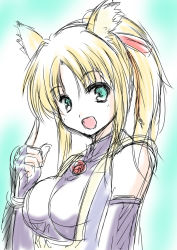 Rule 34 | 10s, 1girl, animal ears, blonde hair, breasts, dog days, elbow gloves, fingerless gloves, fox ears, gloves, green eyes, hair ribbon, high ponytail, jewelry, large breasts, open mouth, pendant, ponytail, ranshin, ribbon, sketch, solo, yukikaze panettone