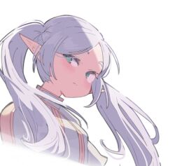 Rule 34 | 1girl, blush, breasts, capelet, closed mouth, cropped torso, frieren, green eyes, grey hair, long hair, looking at viewer, pointy ears, shimazaki1152, sidelocks, simple background, small breasts, solo, sousou no frieren, twintails, upper body, white background, white capelet