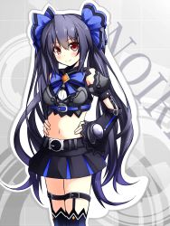Rule 34 | 10s, 1girl, black hair, blush, character name, crop top, gradient background, hands on own hips, highres, long hair, looking at viewer, midriff, miniskirt, navel, neptune (series), noire (neptunia), purple hair, red eyes, skirt, smile, solo, twintails, warabi mochi (ehimedaisuki)