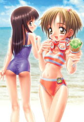 Rule 34 | 2girls, ass, beach, bikini, blush, candy, cowboy shot, day, dengeki hime, diving mask, diving mask around neck, food, goggles, goto p, hair bobbles, hair ornament, ice cream, long hair, looking at viewer, looking back, multiple girls, non-web source, one-piece swimsuit, open mouth, outdoors, short hair, smile, striped bikini, striped clothes, swimsuit, twintails
