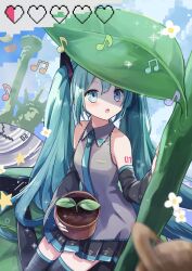 Rule 34 | 1girl, absurdres, black skirt, black sleeves, blue eyes, blue hair, blue necktie, detached sleeves, grey shirt, hatsune miku, hello planet (vocaloid), highres, leaf, long hair, musical note, nagitofuu, necktie, plant, pleated skirt, potted plant, shirt, sitting, skirt, sleeveless, sleeveless shirt, solo, statue of liberty, twintails, very long hair, vocaloid