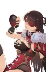 Rule 34 | 1girl, alcohol, arm support, beidou (genshin impact), black gloves, blush, bottle, breasts, brown hair, capelet, chinese clothes, cleavage, dress, eyepatch, fur trim, genshin impact, gloves, hair ornament, hair over one eye, hair stick, hairpin, highres, honlo, large breasts, long hair, one eye covered, parted lips, pelvic curtain, red capelet, red dress, red eyes, solo, sweat, symbol-only commentary, thighhighs, thighs