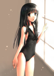 Rule 34 | 1girl, black hair, black one-piece swimsuit, blush, brown eyes, casual one-piece swimsuit, cowboy shot, hand on window, katahira masashi, long hair, looking at viewer, one-piece swimsuit, original, solo, swimsuit, window