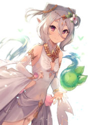 Rule 34 | 1girl, breasts, bridal gauntlets, closed mouth, cone hair bun, covered navel, cowengium, dress, flower, hair between eyes, hair bun, hair flower, hair ornament, highres, kokkoro (ceremonial) (princess connect!), kokkoro (princess connect!), looking at viewer, pink eyes, pointy ears, princess connect!, silver hair, simple background, small breasts, smile, solo, white background, white dress