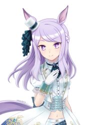 Rule 34 | 1girl, animal ears, arm at side, as&#039;maria, ascot, closed mouth, corset, cropped jacket, green ascot, hand on own chest, hat, highres, horse ears, horse girl, horse tail, jacket, long hair, mejiro mcqueen (end of sky) (umamusume), mejiro mcqueen (umamusume), midriff, mini hat, mini top hat, navel, open clothes, open jacket, puffy short sleeves, puffy sleeves, purple eyes, purple hair, shirt, short sleeves, sign, simple background, smile, solo, tail, top hat, umamusume, upper body, white background, white shirt