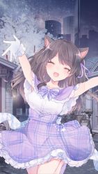 Rule 34 | 1girl, ^ ^, animal ears, bad id, bad twitter id, blush, bow, breasts, brown hair, capelet, cat ears, cat girl, city, closed eyes, commission, gloves, high-waist skirt, highres, indie virtual youtuber, kinosada, love and producer, medium breasts, open hands, outstretched arms, plaid, plaid skirt, purple bow, purple capelet, purple skirt, second-party source, shimotsuki miri, skeb commission, skirt, solo, tree, virtual youtuber, white gloves