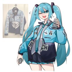 Rule 34 | 1girl, ;d, absurdres, beer can, black skirt, blue eyes, blue hair, blue jacket, blue necktie, blush, can, collared shirt, commentary, cosplay, cosplay request, drink can, ford, grey shirt, hair between eyes, hair ornament, hand up, hatsune miku, highres, holding, holding can, holeecrab, jacket, long hair, nascar, necktie, one eye closed, open clothes, open jacket, open mouth, pleated skirt, reference inset, shirt, simple background, skirt, smile, solo, symbol-only commentary, twintails, very long hair, vocaloid, white background