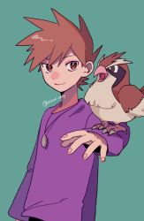 Rule 34 | 1boy, animal on arm, bird, bird on arm, blue oak, brown eyes, brown hair, closed mouth, commentary request, creatures (company), game freak, gen 1 pokemon, green background, hand up, highres, jewelry, long sleeves, looking at viewer, male focus, momotose (hzuu xh4), necklace, nintendo, pidgey, pokemon, pokemon (creature), pokemon on arm, pokemon rgby, purple shirt, shirt, short hair, smile, spiked hair, twitter username