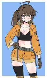 Rule 34 | 1girl, ahoge, asymmetrical legwear, bandage on face, bandages, black gloves, black tank top, blue background, border, breasts, brown hair, closed mouth, gloves, hand on own hip, highres, jacket, looking at viewer, medium breasts, midriff, mismatched legwear, navel, open clothes, open jacket, original, rifnets (dtiko), shorts, sketch, tank top, white border