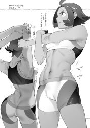 Rule 34 | 1girl, :&lt;, abs, ahoge, arched back, ass, bare arms, bike shorts, breasts, butt crack, cameltoe, closed mouth, commentary request, creatures (company), frown, game freak, gloves, greyscale, gym trainer (pokemon), highres, hizuki akira, monochrome, multiple views, navel, nintendo, pokemon, pokemon swsh, short hair, single glove, small breasts, sports bra, stretching, toned, white background