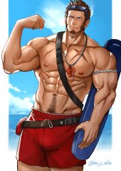 Rule 34 | 1boy, abs, absurdres, bara, beach, blue eyes, brown hair, bulge, carrying, carrying under arm, cross scar, facial hair, fate/grand order, fate (series), feet out of frame, flexing, goatee, goggles, goggles on head, highres, large pectorals, long sideburns, looking at viewer, male focus, male swimwear, mature male, meiji (meiji nsfw), muscular, muscular male, napoleon bonaparte (fate), navel, navel hair, nipples, pectorals, red male swimwear, scar, scar on chest, short hair, sideburns, smile, solo, stomach, swim trunks, topless male, whistle, whistle around neck