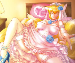 Rule 34 | 1girl, alternate costume, animal ears, ankle cuffs, areola slip, beckoning, bed, blonde hair, blush, breasts, breasts apart, bridal garter, bridal veil, bride, choker, clothes lift, colored eyelashes, come hither, dress, dress lift, ebi wantan, female focus, fox ears, fox tail, frilled dress, frills, garter straps, jewelry, large breasts, leg up, looking at viewer, lying, multiple tails, naughty face, no headwear, on back, on bed, ornate ring, pillow, pov, presenting, pussy juice, ring, short hair, smile, solo, spread legs, tail, tiara, touhou, veil, wedding dress, wedding ring, white dress, yakumo ran, yellow eyes, yes, yes-no pillow