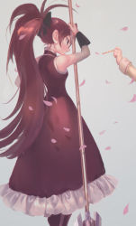 Rule 34 | 2girls, bad id, bad pixiv id, black bow, bow, commentary request, detached sleeves, dress, feet out of frame, food, frilled dress, frills, from behind, hair bow, highres, holding, holding food, holding polearm, holding spear, holding weapon, long hair, long sleeves, magical girl, mahou shoujo madoka magica, mahou shoujo madoka magica (anime), multiple girls, open mouth, petals, pocky, polearm, ponytail, red dress, red eyes, red hair, sakura kyoko, she li (lynxm), sleeveless, sleeveless dress, solo focus, spear, standing, very long hair, weapon