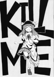 Rule 34 | 1girl, boots, cover, cover page, dress, female focus, food, fruit, fuantei, greyscale, happy, hat, hinanawi tenshi, long hair, monochrome, peach, punk, ribbon, running, smile, solo, touhou