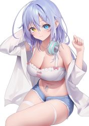 Rule 34 | 1girl, absurdres, ahoge, asagi shiki, aya (lezon), bare shoulders, blue eyes, blue shorts, breasts, cleavage, commission, crop top, cutoffs, denim, denim shorts, headphones, headphones around neck, heterochromia, highres, indie virtual youtuber, jacket, large breasts, long hair, looking at viewer, micro shorts, midriff, mole, mole under eye, navel, off shoulder, open clothes, open fly, open jacket, pixiv commission, purple hair, short shorts, shorts, simple background, single thighhigh, skindentation, sleeveless, smile, solo, stomach, thigh strap, thighhighs, thighs, virtual youtuber, white background, white jacket, white thighhighs, yellow eyes