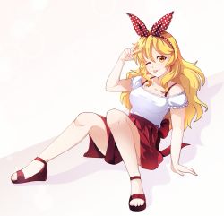Rule 34 | 1girl, absurdres, blonde hair, bow, dungeon toaster, ellen (touhou), hair bow, hand on floor, high heels, highres, long hair, on floor, one eye closed, polka dot, red bow, red footwear, red skirt, shirt, simple background, skirt, smile, solo, strap, t-shirt, tongue, tongue out, touhou, v, white background, white shirt