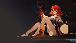 Rule 34 | 1girl, bare shoulders, barefoot, black dress, breasts, bug, butterfly, chiyu (synthesizer v), dress, fanghx, feet, hair ornament, highres, insect, looking at viewer, medium hair, red eyes, red hair, signature, simple background, small breasts, smile, solo, synthesizer v, thighs