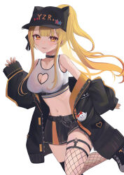 Rule 34 | 1girl, absurdres, ara1e, asymmetrical legwear, bare shoulders, baseball cap, black choker, black hat, black jacket, black skirt, blonde hair, breasts, choker, cleavage, cleavage cutout, clothing cutout, crop top, fishnet thighhighs, fishnets, hand up, hat, heart cutout, highres, hololive, jacket, large breasts, leg up, long sleeves, midriff, miniskirt, navel, off shoulder, open clothes, open jacket, open mouth, orange eyes, ponytail, puffy sleeves, shirt, shoes, sidelocks, simple background, skirt, sleeveless, sleeveless shirt, smile, sneakers, solo, stomach, thighhighs, thighs, virtual youtuber, white background, white shirt, yozora mel, yozora mel (streetwear)