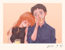 Rule 34 | 1boy, 1girl, aged up, bare shoulders, black dress, black hair, blue eyes, blue shirt, blush, closed eyes, collared shirt, commentary request, cup, dress, drinking glass, earrings, head on another&#039;s shoulder, highres, holding, holding cup, ikari shinji, jewelry, long hair, looking at another, matsuko (mrimri3), necklace, neon genesis evangelion, orange hair, shirt, sleeveless, sleeveless dress, souryuu asuka langley, stud earrings, upper body