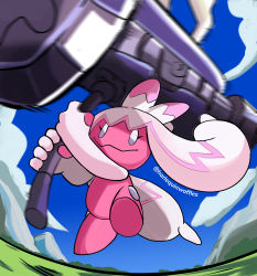 Rule 34 | 1girl, absurdres, attack, blue sky, bush, creatures (company), game freak, grass, hammer, harlequinwaffles, highres, holding, holding hammer, huge weapon, jumping, motion blur, motion lines, nature, nintendo, no humans, pokemon, pokemon (creature), simple background, sky, smile, solo, tinkaton, twitter username, weapon